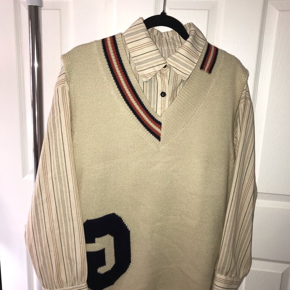 Beige Sweater Vest & Striped Shirt Set - Picture 2 of 5